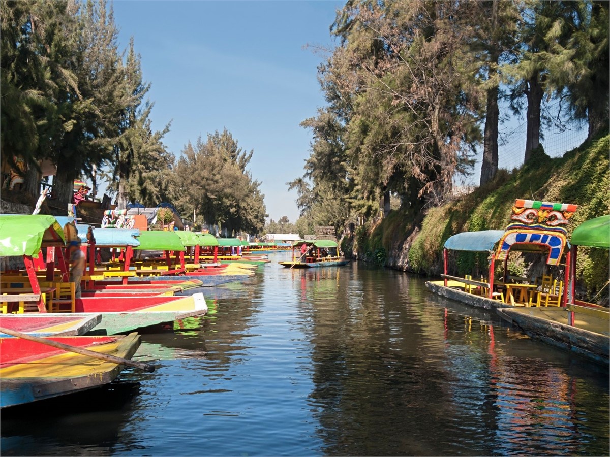 Trajinera boats in the Xochimilco canals in Mexico City