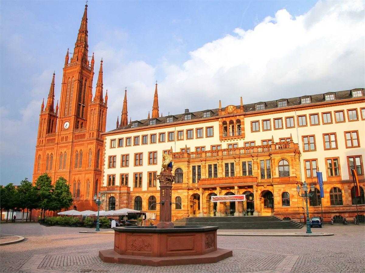 castle square with market church and new town hall in Wiesbaden